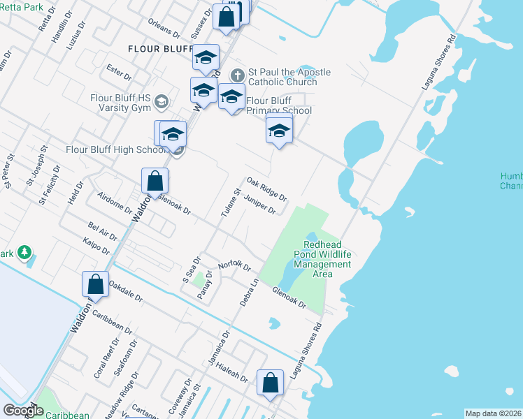 map of restaurants, bars, coffee shops, grocery stores, and more near 225 Juniper Drive in Corpus Christi
