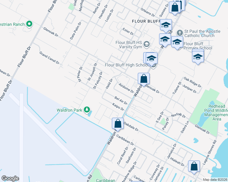 map of restaurants, bars, coffee shops, grocery stores, and more near 645 Aristocrat Drive in Corpus Christi