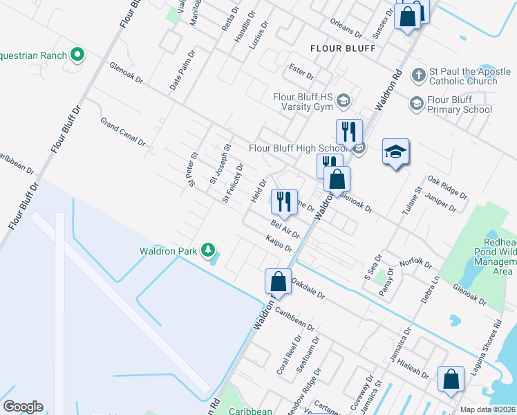 map of restaurants, bars, coffee shops, grocery stores, and more near 669 Bel Air Drive in Corpus Christi