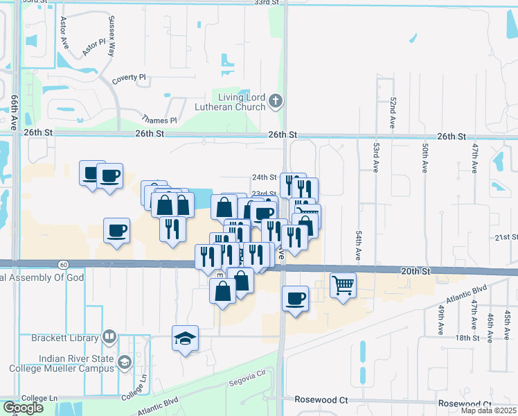 map of restaurants, bars, coffee shops, grocery stores, and more near 5856 22nd Street in Vero Beach