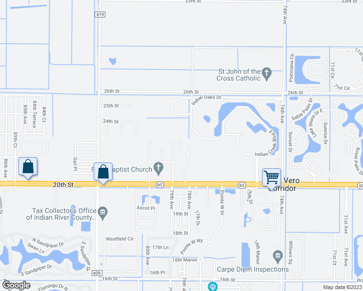 map of restaurants, bars, coffee shops, grocery stores, and more near 2180 Pine Creek Boulevard in Vero Beach