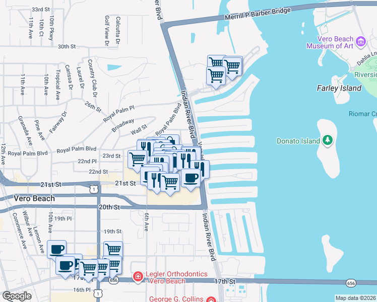 map of restaurants, bars, coffee shops, grocery stores, and more near 2333 Indian River Boulevard in Vero Beach