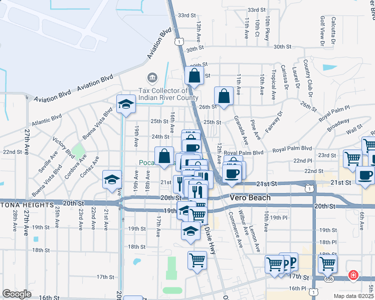 map of restaurants, bars, coffee shops, grocery stores, and more near 2306 15th Avenue in Vero Beach
