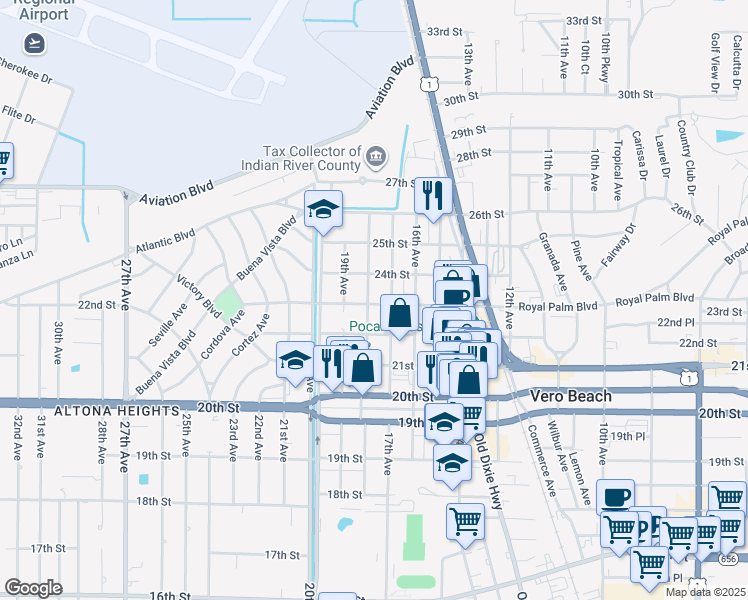 map of restaurants, bars, coffee shops, grocery stores, and more near 1749 23rd Street in Vero Beach