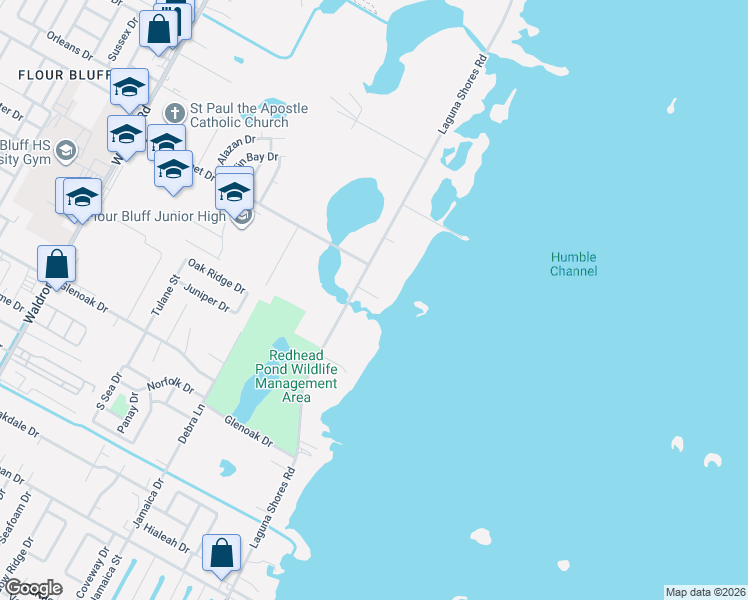 map of restaurants, bars, coffee shops, grocery stores, and more near 115 Beasley Road in Corpus Christi