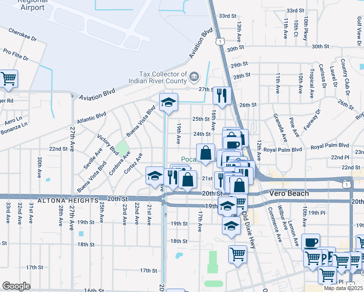 map of restaurants, bars, coffee shops, grocery stores, and more near 1820 23rd Street in Vero Beach