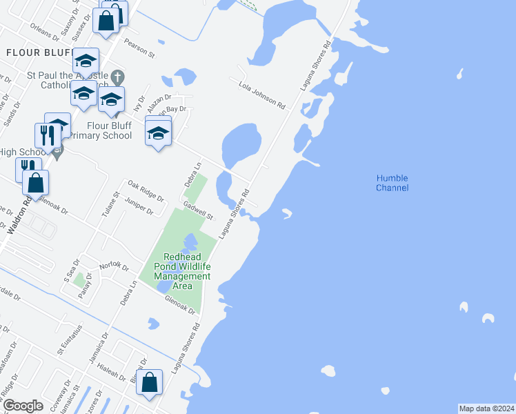 map of restaurants, bars, coffee shops, grocery stores, and more near 111 Beasley Road in Corpus Christi