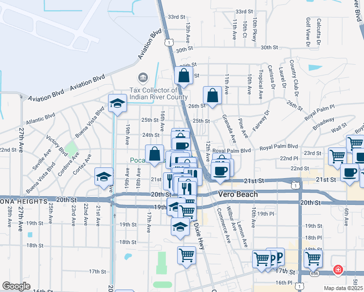 map of restaurants, bars, coffee shops, grocery stores, and more near 2306 15th Avenue in Vero Beach