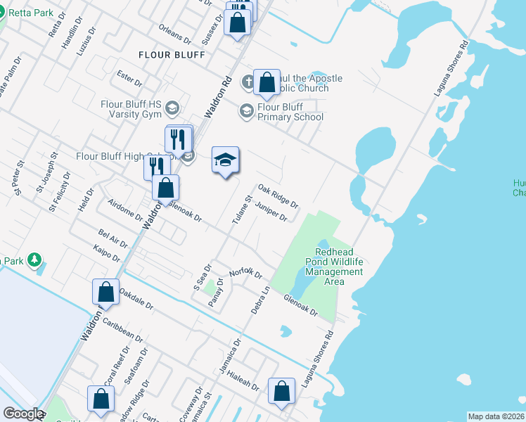 map of restaurants, bars, coffee shops, grocery stores, and more near 225 Juniper Drive in Corpus Christi