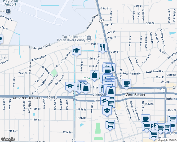 map of restaurants, bars, coffee shops, grocery stores, and more near 2316 18th Avenue in Vero Beach