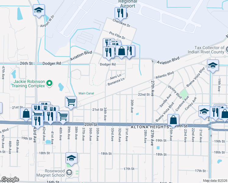map of restaurants, bars, coffee shops, grocery stores, and more near 3305 Atlantic Boulevard in Vero Beach