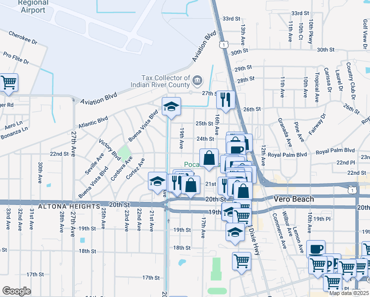 map of restaurants, bars, coffee shops, grocery stores, and more near 1820 23rd Street in Vero Beach