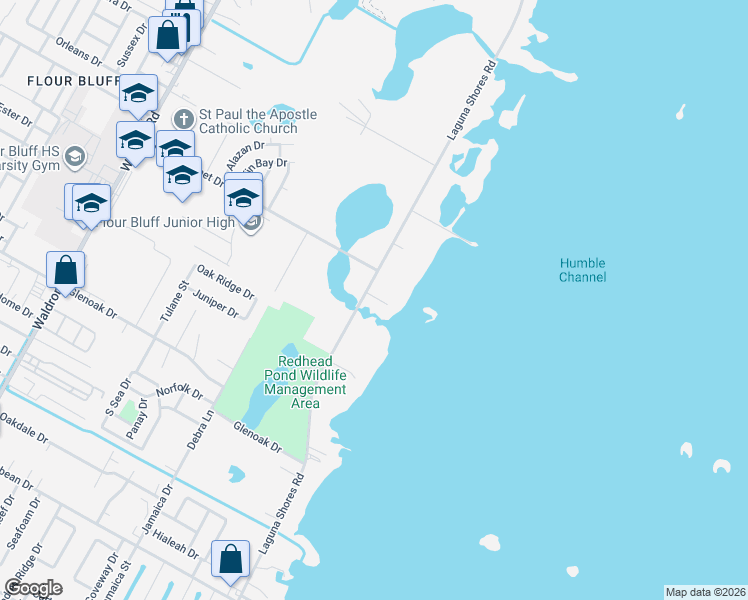 map of restaurants, bars, coffee shops, grocery stores, and more near 2435 Laguna Shores Road in Corpus Christi