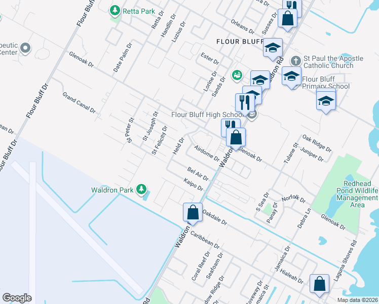 map of restaurants, bars, coffee shops, grocery stores, and more near 645 Aristocrat Drive in Corpus Christi