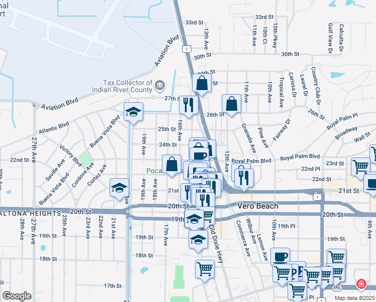 map of restaurants, bars, coffee shops, grocery stores, and more near 2400 15th Avenue in Vero Beach