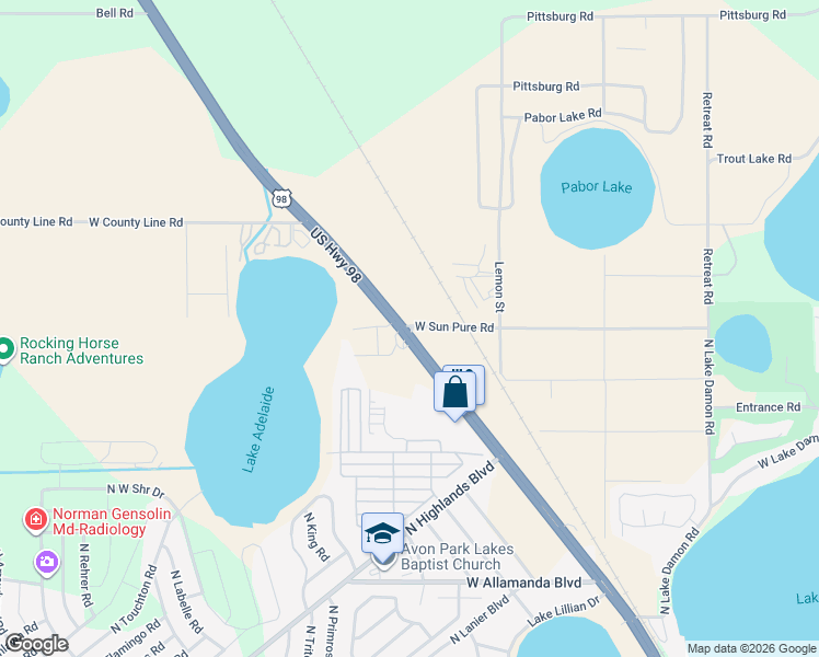 map of restaurants, bars, coffee shops, grocery stores, and more near 1600 West Sun Pure Road in Avon Park