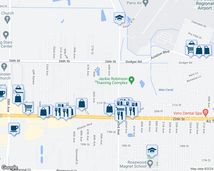 map of restaurants, bars, coffee shops, grocery stores, and more near 2265 44th Avenue in Vero Beach