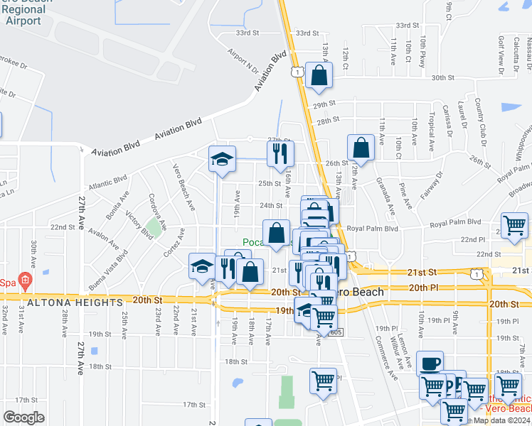 map of restaurants, bars, coffee shops, grocery stores, and more near 2345 17th Avenue in Vero Beach
