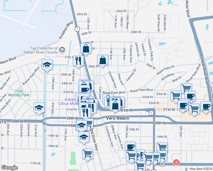 map of restaurants, bars, coffee shops, grocery stores, and more near 2420 12th Avenue in Vero Beach