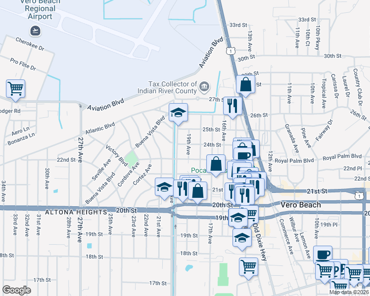 map of restaurants, bars, coffee shops, grocery stores, and more near 2405 19th Avenue in Vero Beach