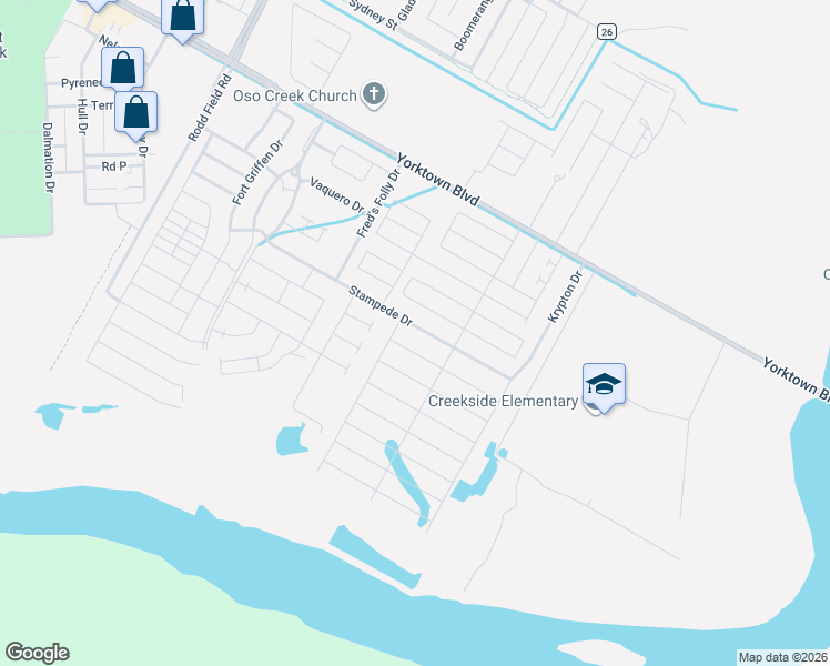 map of restaurants, bars, coffee shops, grocery stores, and more near 7713 Stampede Drive in Corpus Christi