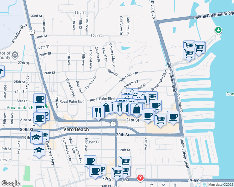 map of restaurants, bars, coffee shops, grocery stores, and more near 762 Broadway in Vero Beach
