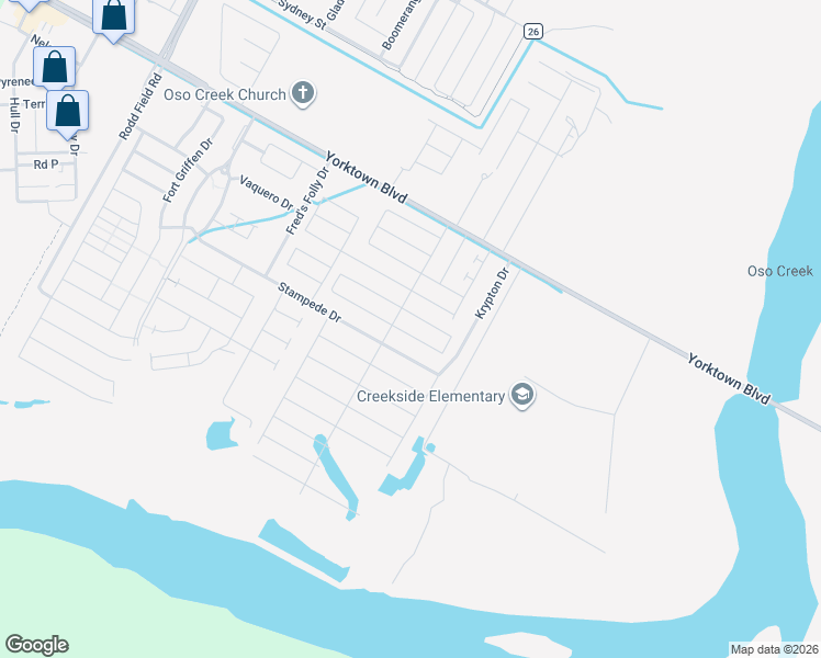 map of restaurants, bars, coffee shops, grocery stores, and more near 7826 Stampede Drive in Corpus Christi