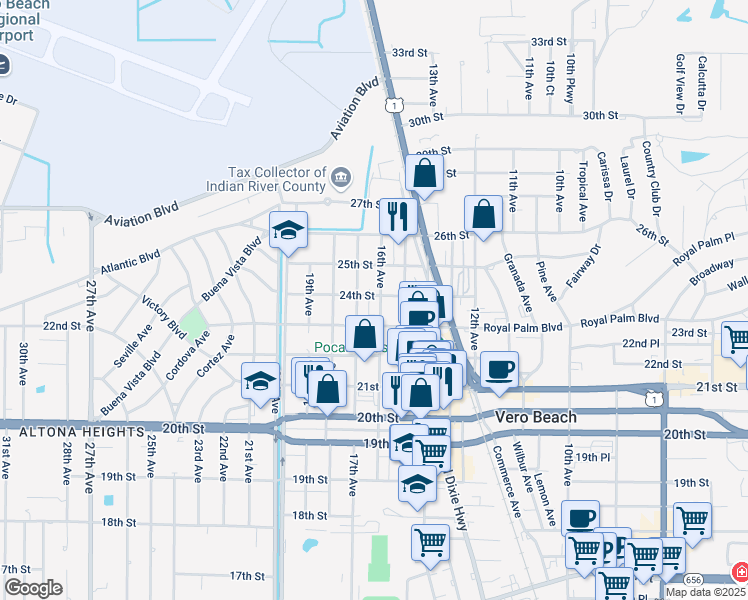 map of restaurants, bars, coffee shops, grocery stores, and more near 2405 16th Avenue in Vero Beach