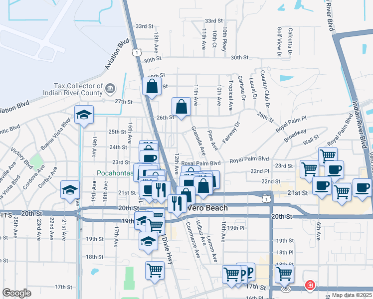 map of restaurants, bars, coffee shops, grocery stores, and more near 2420 12th Avenue in Vero Beach