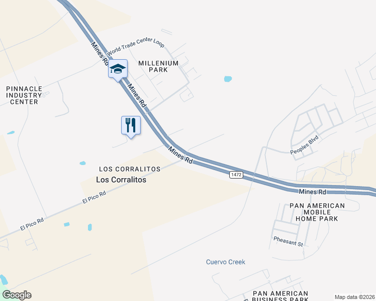 map of restaurants, bars, coffee shops, grocery stores, and more near El Pico Road in Laredo