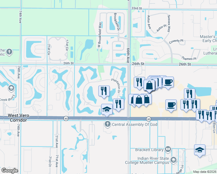 map of restaurants, bars, coffee shops, grocery stores, and more near 33 Plantation Drive in Vero Beach