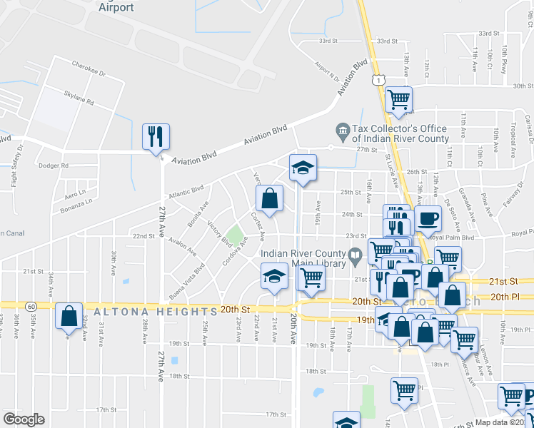map of restaurants, bars, coffee shops, grocery stores, and more near 2341 Vero Beach Avenue in Vero Beach