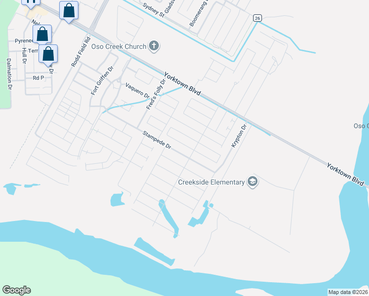 map of restaurants, bars, coffee shops, grocery stores, and more near 7742 Stampede Drive in Corpus Christi