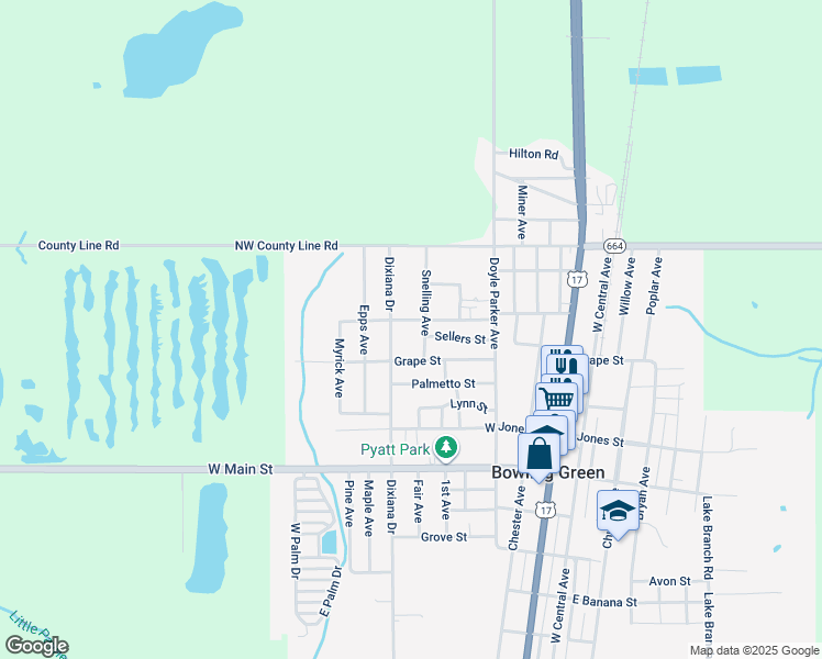 map of restaurants, bars, coffee shops, grocery stores, and more near 635 Bertha Fulse Street in Bowling Green