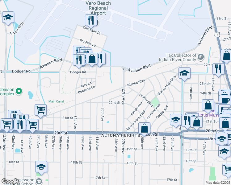 map of restaurants, bars, coffee shops, grocery stores, and more near 2745 Atlantic Boulevard in Vero Beach