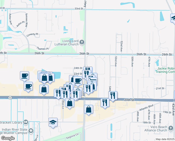 map of restaurants, bars, coffee shops, grocery stores, and more near 2446 57th Circle in Vero Beach