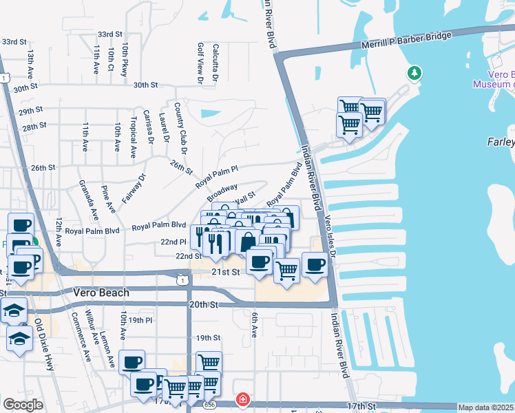 map of restaurants, bars, coffee shops, grocery stores, and more near 600 Royal Palm Boulevard in Vero Beach
