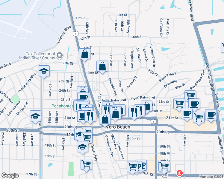 map of restaurants, bars, coffee shops, grocery stores, and more near 2421 Granada Avenue in Vero Beach