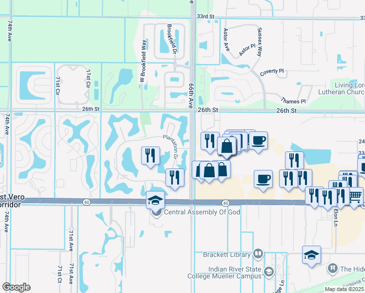 map of restaurants, bars, coffee shops, grocery stores, and more near 34 Plantation Drive in Vero Beach