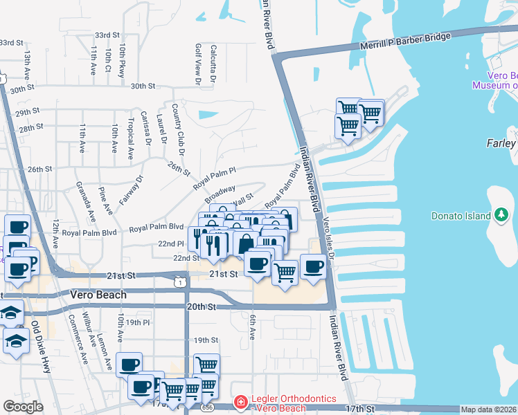 map of restaurants, bars, coffee shops, grocery stores, and more near 600 Royal Palm Boulevard in Vero Beach