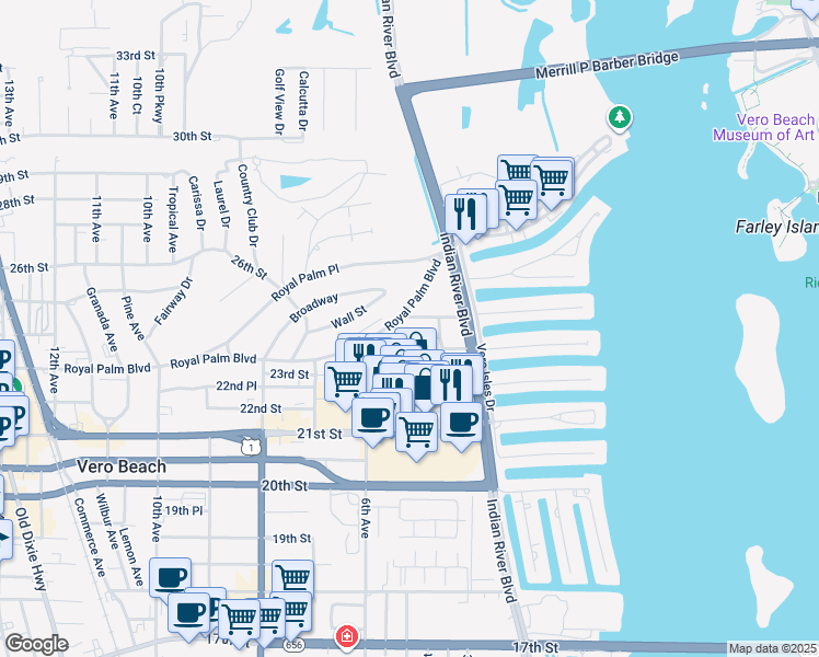map of restaurants, bars, coffee shops, grocery stores, and more near 445 24th Street in Vero Beach