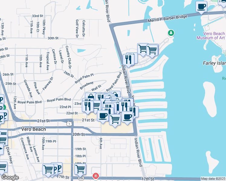 map of restaurants, bars, coffee shops, grocery stores, and more near 445 24th Street in Vero Beach