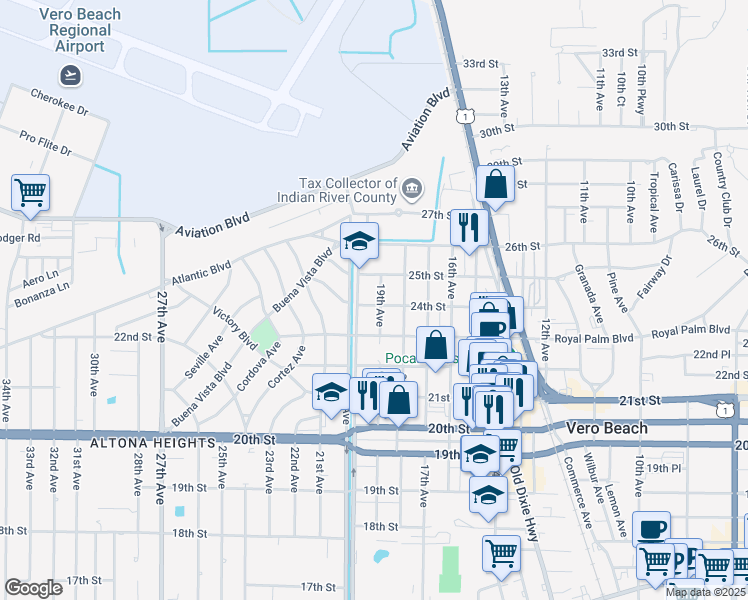 map of restaurants, bars, coffee shops, grocery stores, and more near 2405 19th Avenue in Vero Beach