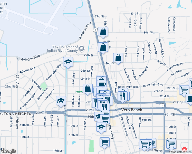 map of restaurants, bars, coffee shops, grocery stores, and more near 2400 15th Avenue in Vero Beach
