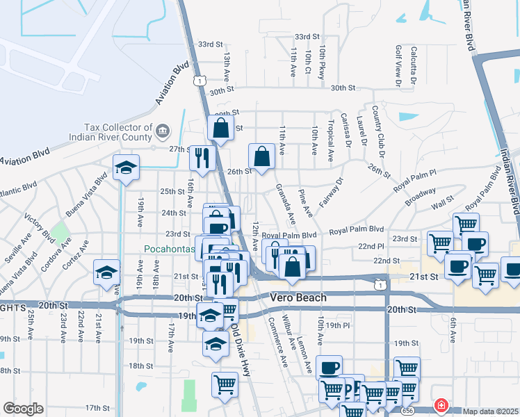 map of restaurants, bars, coffee shops, grocery stores, and more near 2420 12th Avenue in Vero Beach