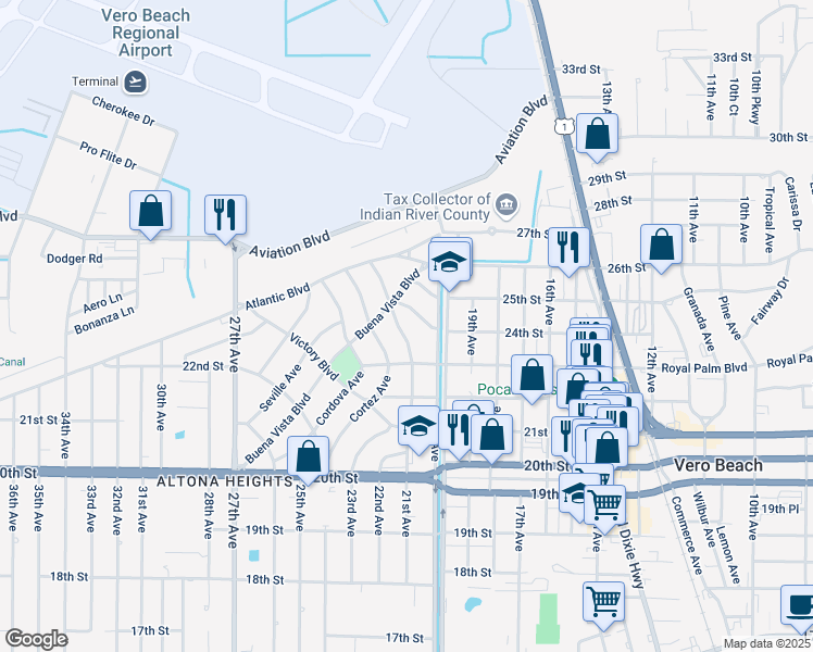 map of restaurants, bars, coffee shops, grocery stores, and more near 2341 Vero Beach Avenue in Vero Beach