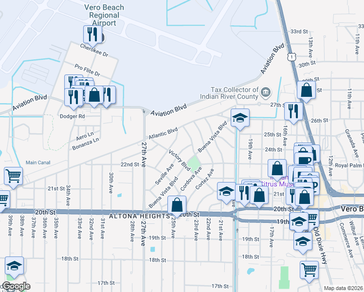 map of restaurants, bars, coffee shops, grocery stores, and more near 2347 Seville Avenue in Vero Beach
