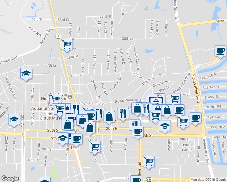 map of restaurants, bars, coffee shops, grocery stores, and more near 2416 Fairway Drive in Vero Beach