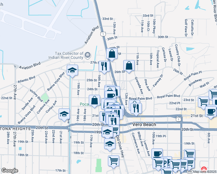 map of restaurants, bars, coffee shops, grocery stores, and more near 2400 15th Avenue in Vero Beach