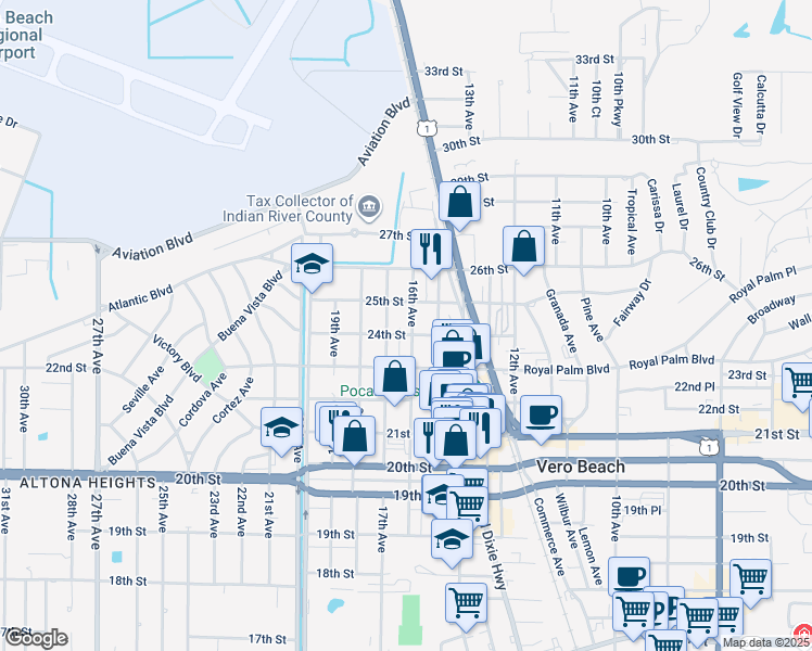 map of restaurants, bars, coffee shops, grocery stores, and more near 2405 16th Avenue in Vero Beach